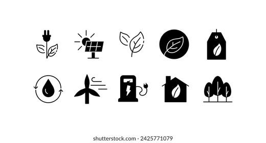 Green energy icons set. Silhouette, a collection of icons symbolizing green energy, buttons to save the climate. Vector icons