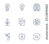 Green energy icons set. Thin Line style, editable stroke. green energy, light bulb, sustainable energy, plant, energy, solar panel.