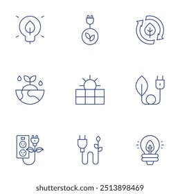 Green energy icons set. Thin Line style, editable stroke. power socket, solar panel, light bulb, ecology, bio energy, clean energy, bulb, green energy.