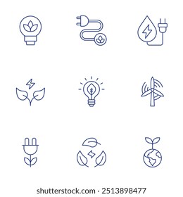 Green energy icons set. Thin Line style, editable stroke. green, sustainability, plant, save, wind energy, environment, eco, hydro power.