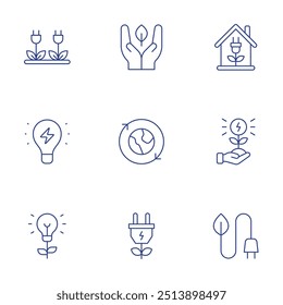 Green energy icons set. Thin Line style, editable stroke. green energy, eco house, light bulb, leaf, innovation, world, sprout, renewable energy.