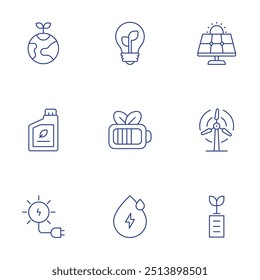 Green energy icons set. Thin Line style, editable stroke. ecology, bulb, solar power, sun energy, wind energy, eco battery, eco fuel, water drop, battery.