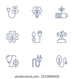 Grüne Energie-Icons gesetzt. Stil der dünnen Linie, bearbeitbarer Strich. grüne Energie, Biomasse, Batterie, Ökologie, Netzstecker, Biomasse Energie, Glühbirne.