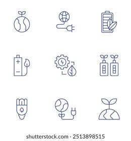 Green energy icons set. Thin Line style, editable stroke. ecology, battery, eco battery, earth, planet, energy, saving.