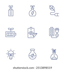 Green energy icons set. Thin Line style, editable stroke. eco friendly, eco battery, light bulb, flask, biomass, electricity, battery, tube.