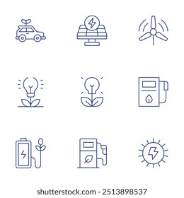 Conjunto de ícones de energia verde. Estilo de linha fina, curso editável. bateria ecológica, bio, bioenergia, carro verde, energia solar, energia verde, turbina eólica, posto de gasolina.