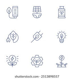 Conjunto de ícones de energia verde. Estilo Thin Line, curso editável. bioenergia, energia verde, tecnologia verde, orgânico, energia solar, biogás, bateria, plugue.