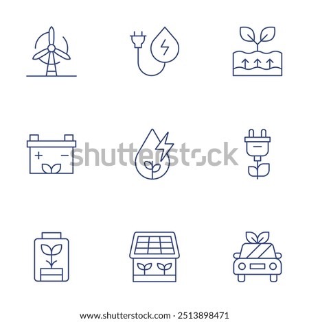 Green energy icons set. Thin Line style, editable stroke. green house, green vehicle, green power, plug, water energy, geothermal energy, battery, ecology and environment, eco battery.