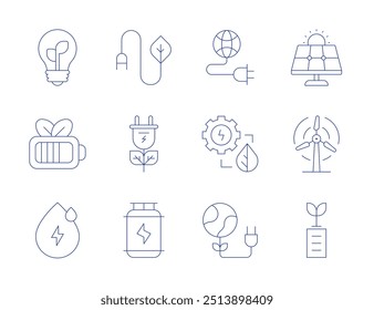 Green energy icons. Thin Line style, editable stroke. planet, energy, bulb, solar power, wind, green, hydrogen, eco, eco battery, water drop, battery.