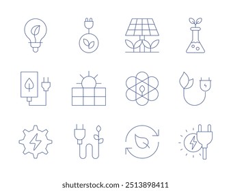 Green energy icons. Thin Line style, editable stroke. light bulb, sustainable energy, charge, solar panel, laboratory, green, bio.