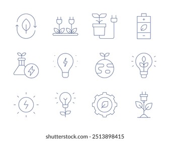 Green energy icons. Thin Line style, editable stroke. solar energy, sustainable energy, biomass, save, green, gear, energy, green earth, light bulb, innovation.