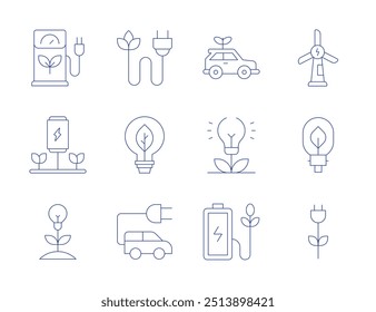 Iconos de energía verde. Estilo de línea delgada, carrera editable. energía verde, coche eléctrico, combustible ecológico, enchufe, energía ecológica, viento, bio, ahorro, batería ecológica, coche verde.