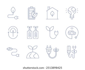 Green energy icons. Thin Line style, editable stroke. ecology, battery, eco battery, green energy, biomass energy, electric car, green house, eco energy.