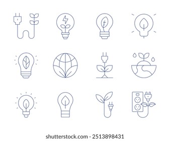 Green energy icons. Thin Line style, editable stroke. green energy, plant, power socket, ecology, bulb, eco friendly, bio energy, save energy.