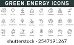 Green Energy Icons vector illustration with thin line editable stroke contain solar energy wind power hydropower environment eco fuel sustainable biomass energy production save energy ecology