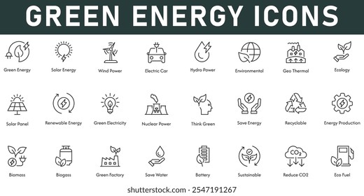 Ilustração vetorial de ícones de energia verde com linha fina editável traço contém energia solar energia eólica energia hidroelétrica ambiente eco combustível produção sustentável de energia de biomassa economize energia ecologia