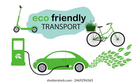 Green energy illustration. Ecological transport. An electric car with a charging station, a scooter and a bicycle. Environmentally friendly transport concept. Sustainable transport.