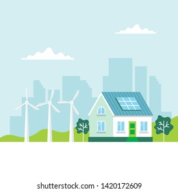 Green energy illustration with a house, solar panels, wind turbines, city background, copy space. Concept illustration for ecology, green power, wind energy, sustainability 