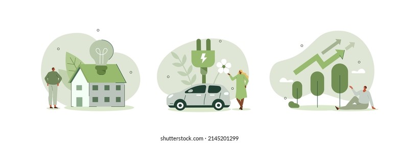 Green energy illustration set. Characters showing eco private house, electric car and green circular economy benefits. Renewable energy concept. Vector illustration.