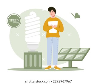 Green energy illustration set. Characters reduce energy consumption at home. Power save concept. Household energy and resources, meter installation