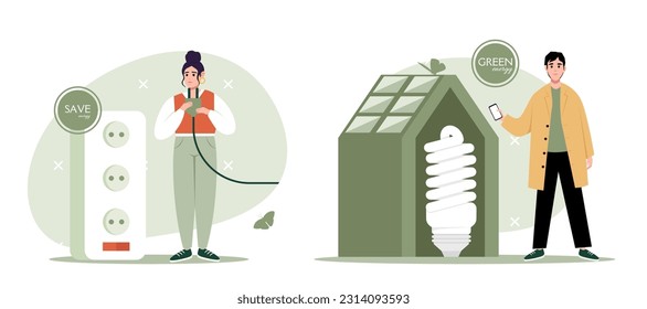 Green energy illustration set. Characters reduce energy consumption at home. Power save concept. Household energy and resources, meter installation