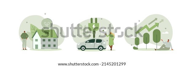 Green energy illustration
set. Characters showing eco private house, electric car and green
circular economy benefits. Renewable energy concept. Vector
illustration.