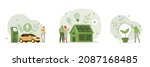 Green energy illustration set. Modern eco private house with solar energy panels and smart home technology. Electric car near charging station. Renewable energy concept. Vector illustration.