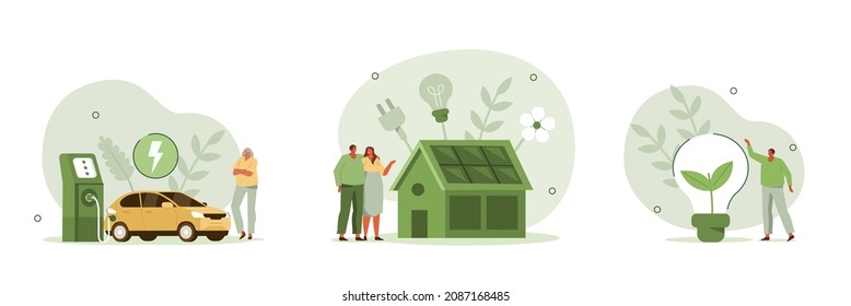 Green energy illustration set. Modern eco private house with solar energy panels and smart home technology. Electric car near charging station. Renewable energy concept. Vector illustration.