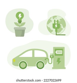 Green energy illustration set. Modern eco private house with solar energy panels and smart home technology. Electric car near charging station. Renewable energy concept. Vector illustration.