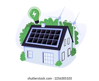 Green energy illustration set. Modern eco private house with solar energy panels and smart home technology. Charging station. Renewable energy concept. Vector illustration.