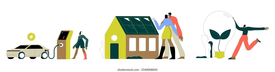 Conjunto de ilustración de energía verde. Moderna casa privada ecológica con paneles de energía solar y tecnología inteligente para el hogar. Coche eléctrico cerca de la estación de carga. Concepto de energía renovable. Ilustración vectorial.