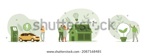 Green energy illustration set. Modern eco\
private house with solar energy panels and smart home technology.\
Electric car near charging station. Renewable energy concept.\
Vector illustration.