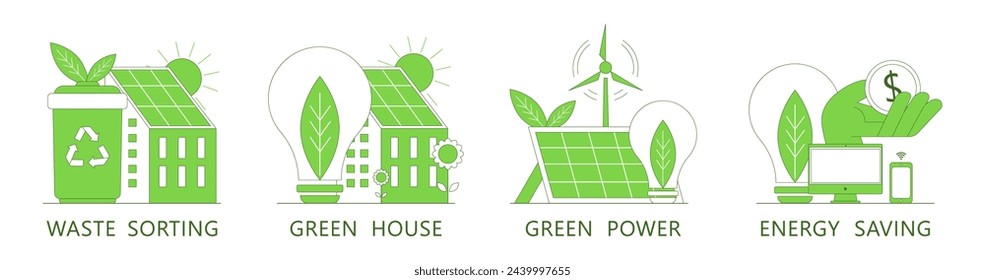 Conjunto de ilustración de energía verde. Clasificación de residuos, energía verde, casa verde, concepto de ahorro de energía. Concepto de energía renovable. Ilustración vectorial.