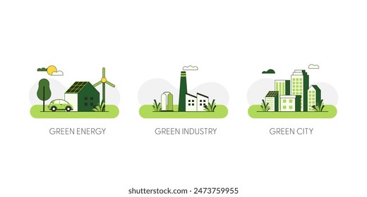 Energía verde, industria verde, ciudad verde. Concepto de ecología verde sostenible, medio ambiente y energías renovables alternativas. Ilustración vectorial plana.