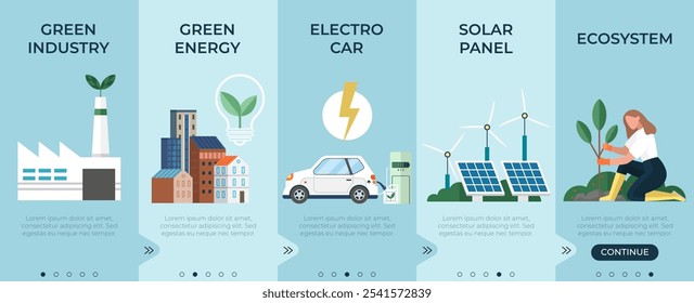 Energía verde e industria, coche eléctrico, panel solar, conjunto de ecosistemas. Fábrica industrial limpia sostenible, fuentes de energía renovables y electricidad verde. Gobernanza ambiental, social y corporativa