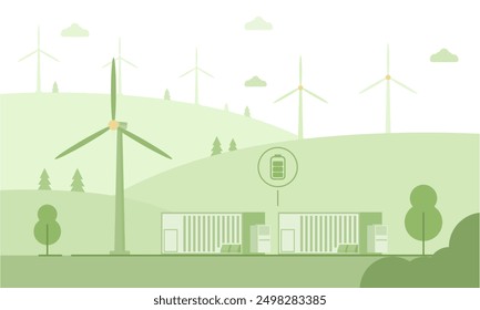 Illustration zur grünen Energieinfrastruktur. Der Windpark mit mehreren Turbinen. Energiespeicher mit Batteriesymbol. Stromerzeugung und -speicherung im ländlichen Raum. 