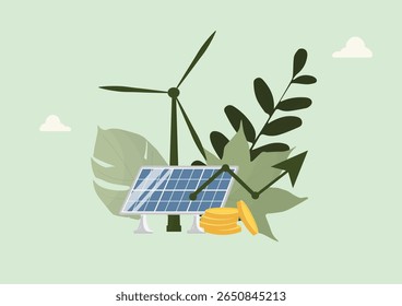 Green Energy Investment. Solar Energy and Wind Energy.  Flat design showing solar panel, wind turbine, plants and golden coins representing renewable energy investment concept. Vector illustration
