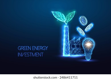 Green energy investment, sustainable innovation, eco future fund strategy futuristic concept. ESG. Glowing low polygonal style on dark background. Modern abstract connection design vector illustration