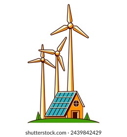 Green energy isolated on white background, wind generator, green energy. Offshore Wind Turbines and house with solar panel roof. Vector illustration