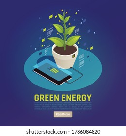 Green energy isometric composition with smartphone battery charging using plant leaves photosynthesis as power source vector illustration