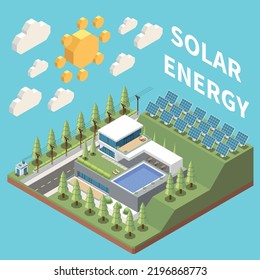 Green Energy Isometric Concept With Electric Substation And Solar Panels Installed Near Villa 3d Vector Illustration