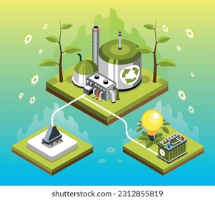 Green energy isometric design concept with eco bulb and plant with recycling sign 3d vector illustration