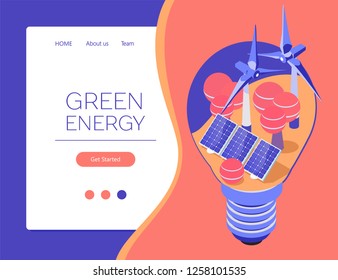 Green energy. Isometric flat illustration with electric bulb, solar panels and wind turbines. Web page concept for renewable energy sources. Sun and wind energy