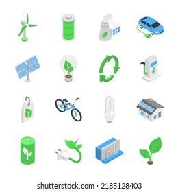 Iconos isométricos de la Energía Verde. Producción de energía ambiental limpia. La vida con el uso de electricidad segura para el medio ambiente. Colección de objetos. Ilustración del vector