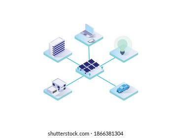 Concepto vectorial isométrico de energía verde: Panel solar que alimenta la electricidad para edificios, autos, casas.