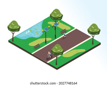 Green energy isometric vector concept. Street light with solar panel energy source at the park
