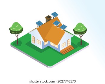 Grünes, isometrisches Vektorkonzept. Wohnhaus mit Solarpaneelstromerzeugung