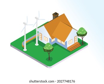 Green energy isometric vector concept. Residential house with windmill electricity energy source