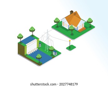 Green energy isometric vector concept. Residential house with water electricity plant to electricity energy source