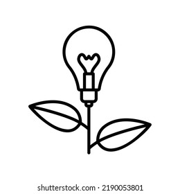 Green energy with lamp bulb and sprout leaves in black outline style